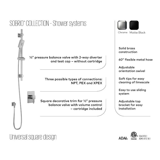Kalia Sobrio Pb1 - 1/2” Pressure Balance Shower System Without Valve