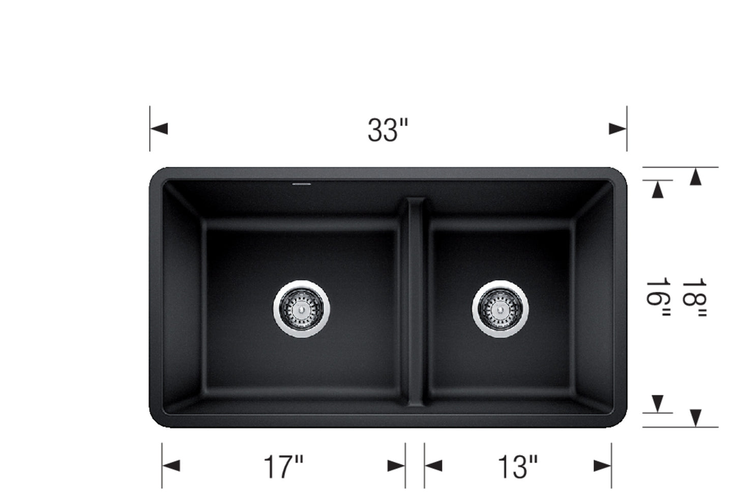 Blanco Precis U 1¾ Low Divide Silgranit Double Bowl 33" x 18" Kitchen Sink - Cinder