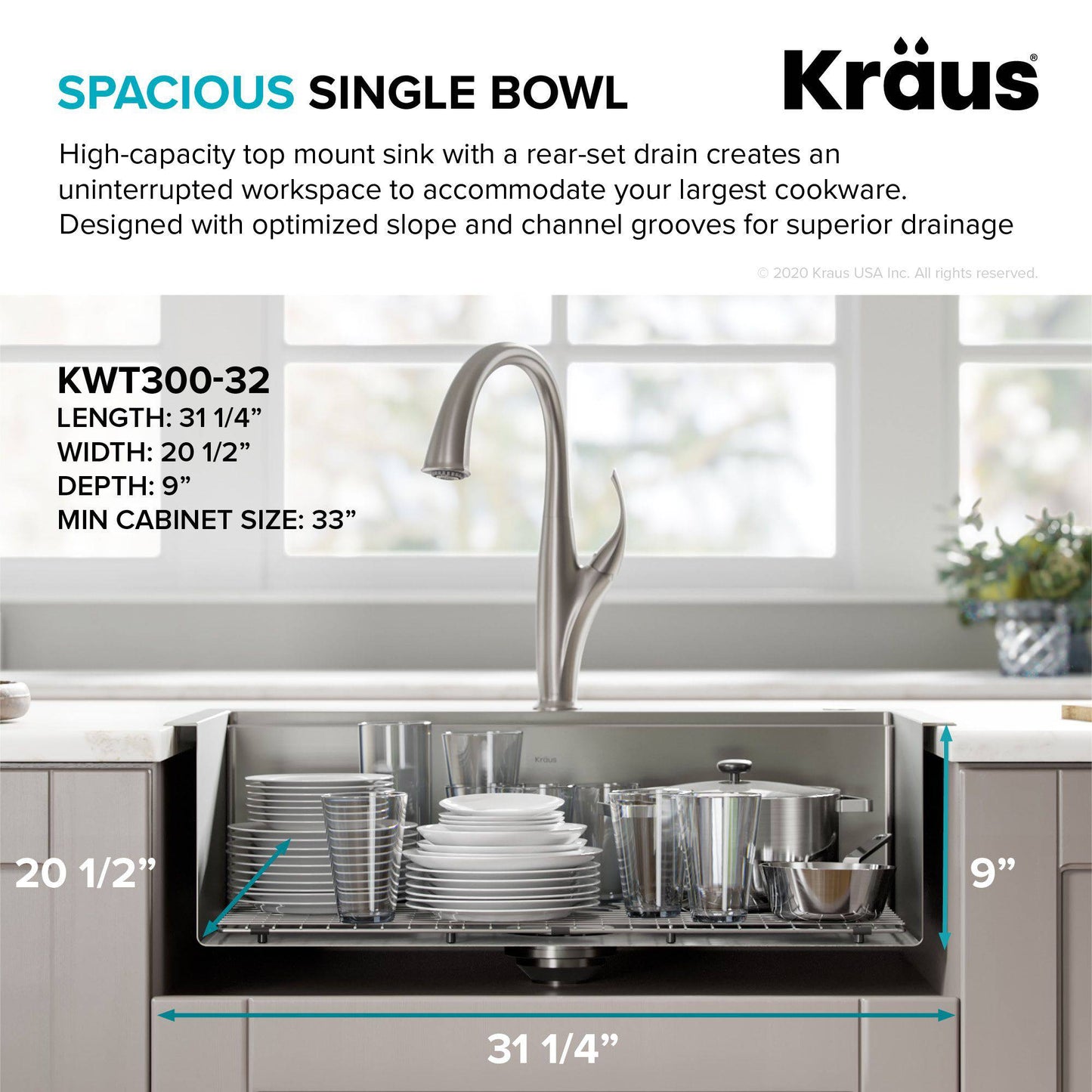 Kraus Kore Workstation 31.25" x 20.5 Drop-In Single Bowl Stainless Steel Kitchen Sink with Accessories
