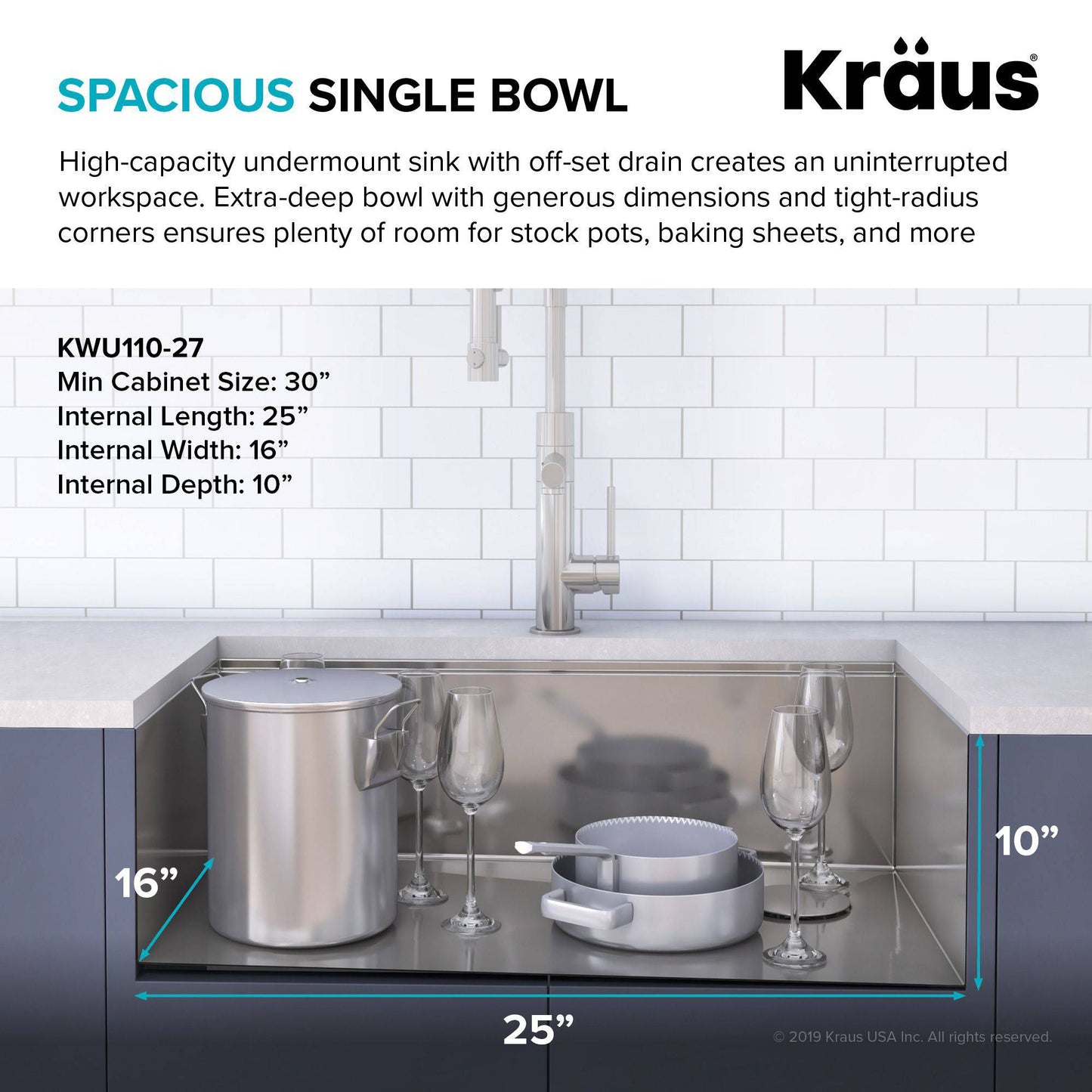 Kraus Kore Workstation Évier de cuisine à cuve unique en acier inoxydable de calibre 16, 27 po x 19 po, sous plan