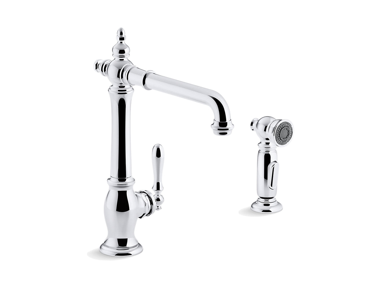 Kohler Artifacts 2 Hole Kitchen Sink Faucet With 13-1/2" Swing Spout And Matching Finish Two Function Sidespray With Sweep And Berrysoft Spray Victorian Spout Design- Chrome