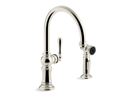 Kohler Artifacts Robinet d'évier de cuisine à 2 trous avec bec pivotant de 14 11/16 po et finition assortie, jet latéral à deux fonctions avec balayage et jet Berrysoft, bec en arc - Nickel poli vibrant