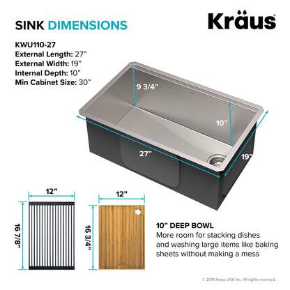 Kraus Kore Workstation Évier de cuisine à cuve unique en acier inoxydable de calibre 16, 27 po x 19 po, sous plan