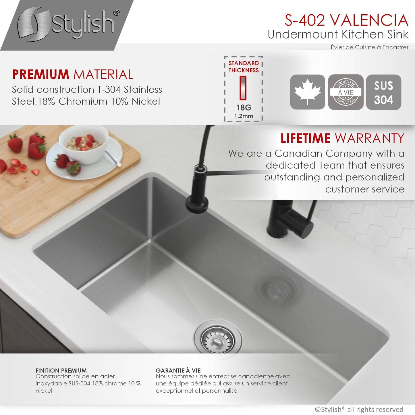 Stylish Valencia 31.13" x 18" Single Bowl Undermount Stainless Steel Kitchen Sink S-402G - Renoz