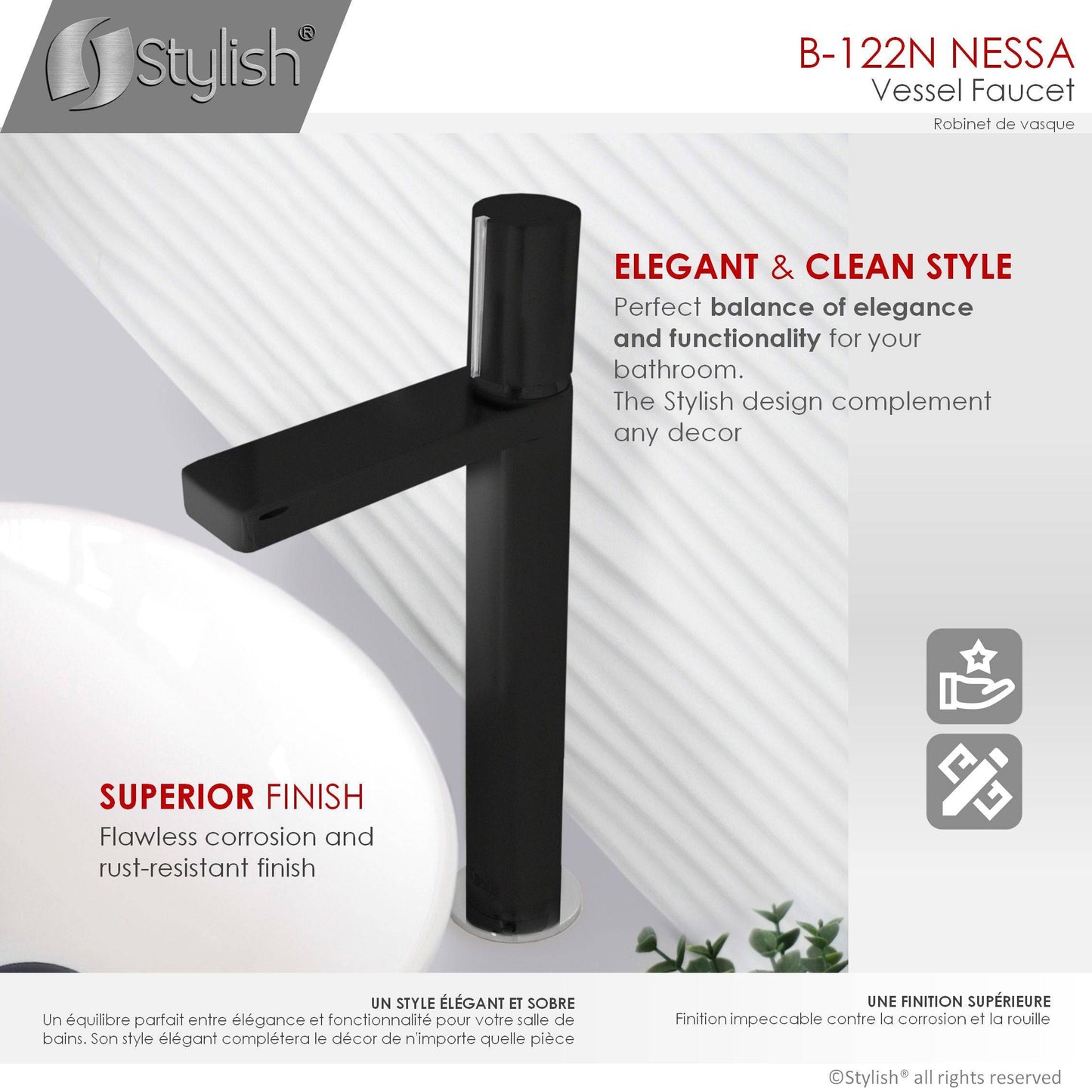 Stylish Nessa Single Handle 12" Bathroom Vessel Sink Faucet, Matte Black Finish B-122NC - Renoz