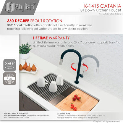 Stylish Catania 17.25" Kitchen Faucet Single Handle Pull Down Dual Mode Lead Free Matte Black with Silver Head and Handle Finish K-141NS - Renoz