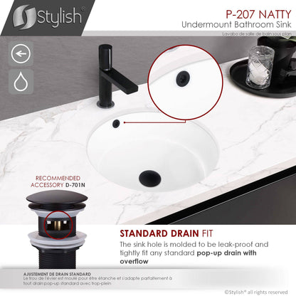 Stylish Natty 16" x 16" Round Undermount Ceramic Bathroom Sink with 2 Overflow Finishes P-207 - Renoz