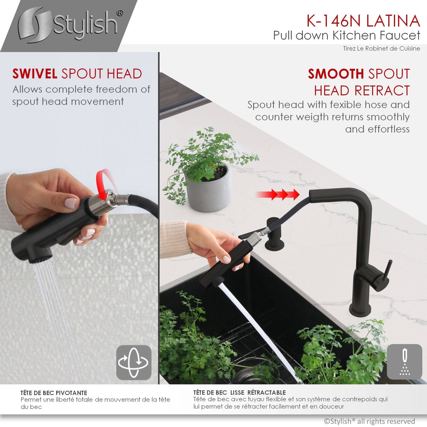 Stylish Latina 13" Kitchen Faucet Single Handle Pull Down Dual Mode Matte Black Finish K-146N - Renoz