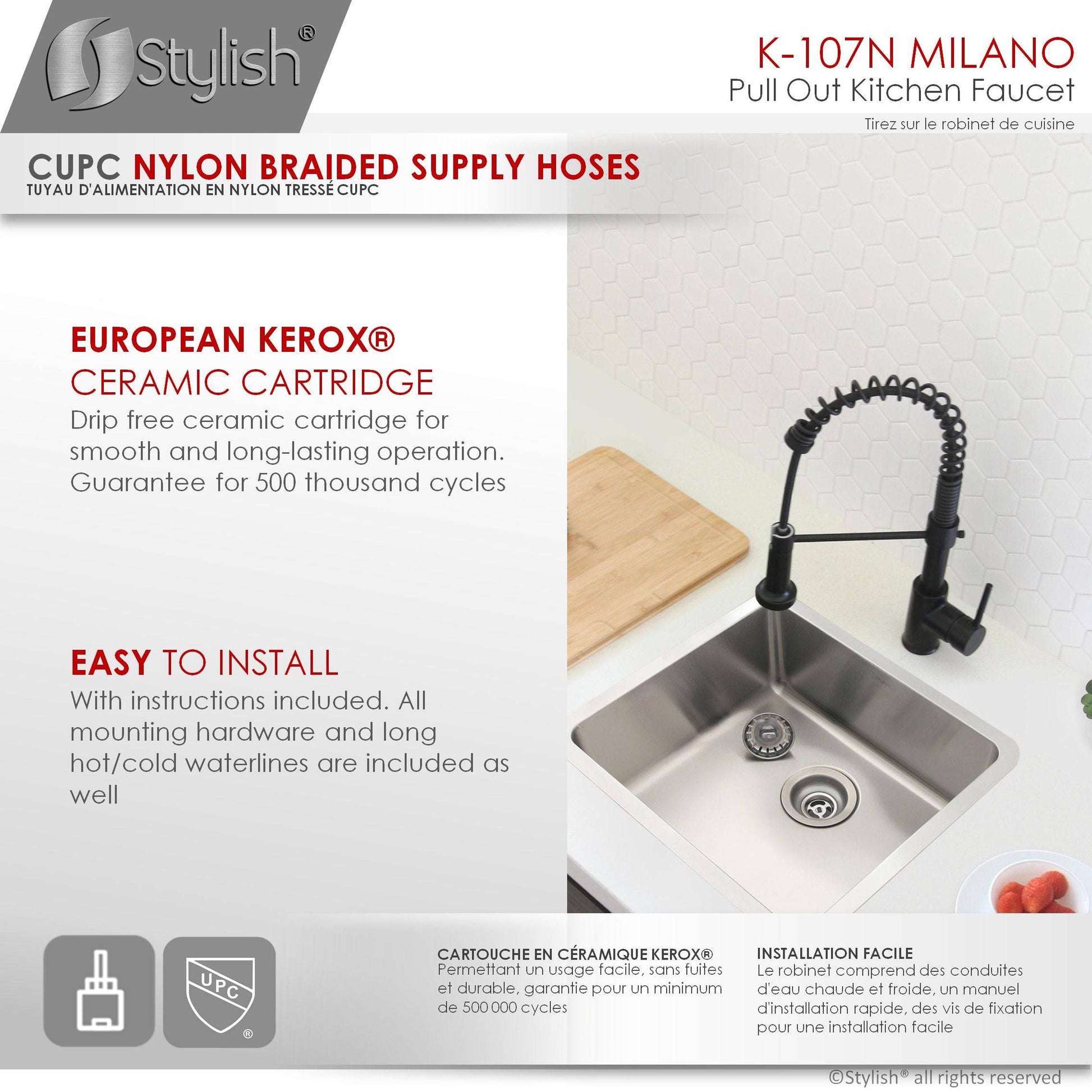 Stylish Milano 17.5" Kitchen Faucet Single Handle Pull Down Dual Mode Lead Free Matte Black Finish K-107N - Renoz