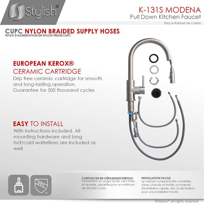 Stylish Modena 14" Kitchen Faucet Single Handle Pull Down Dual Mode Stainless Steel Brushed Finish K-131S - Renoz
