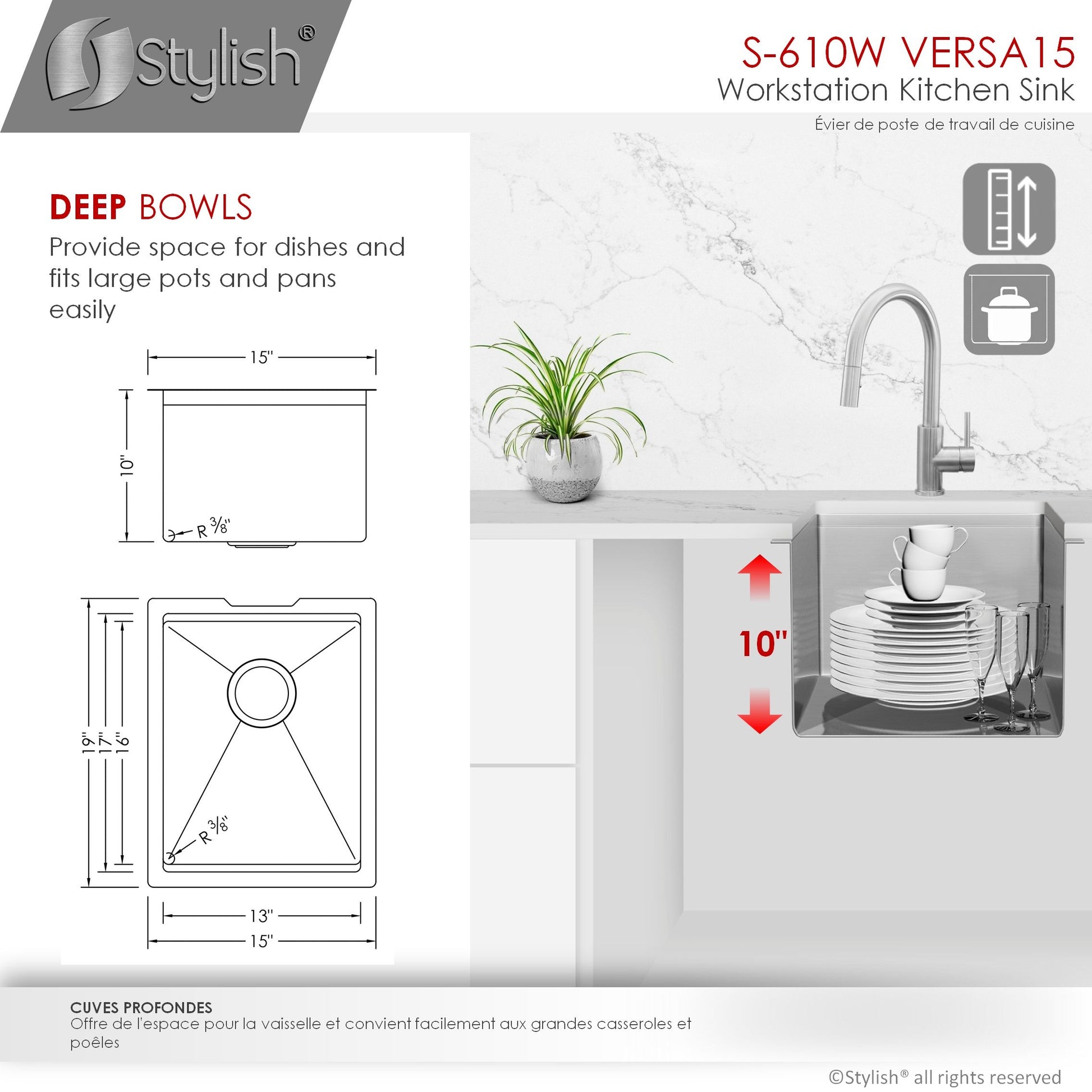 Stylish Versa15 15" x 19" Workstation Single Bowl Undermount 16 Gauge Stainless Steel Kitchen Sink with Built in Accessories S-610W - Renoz