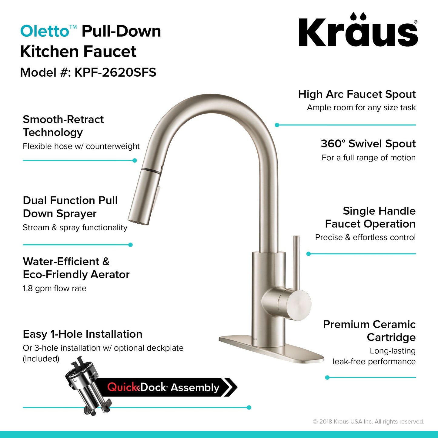 Kraus Oletto 15.75" Single Handle Pull-Down Kitchen Faucet in Spot Free Stainless Steel