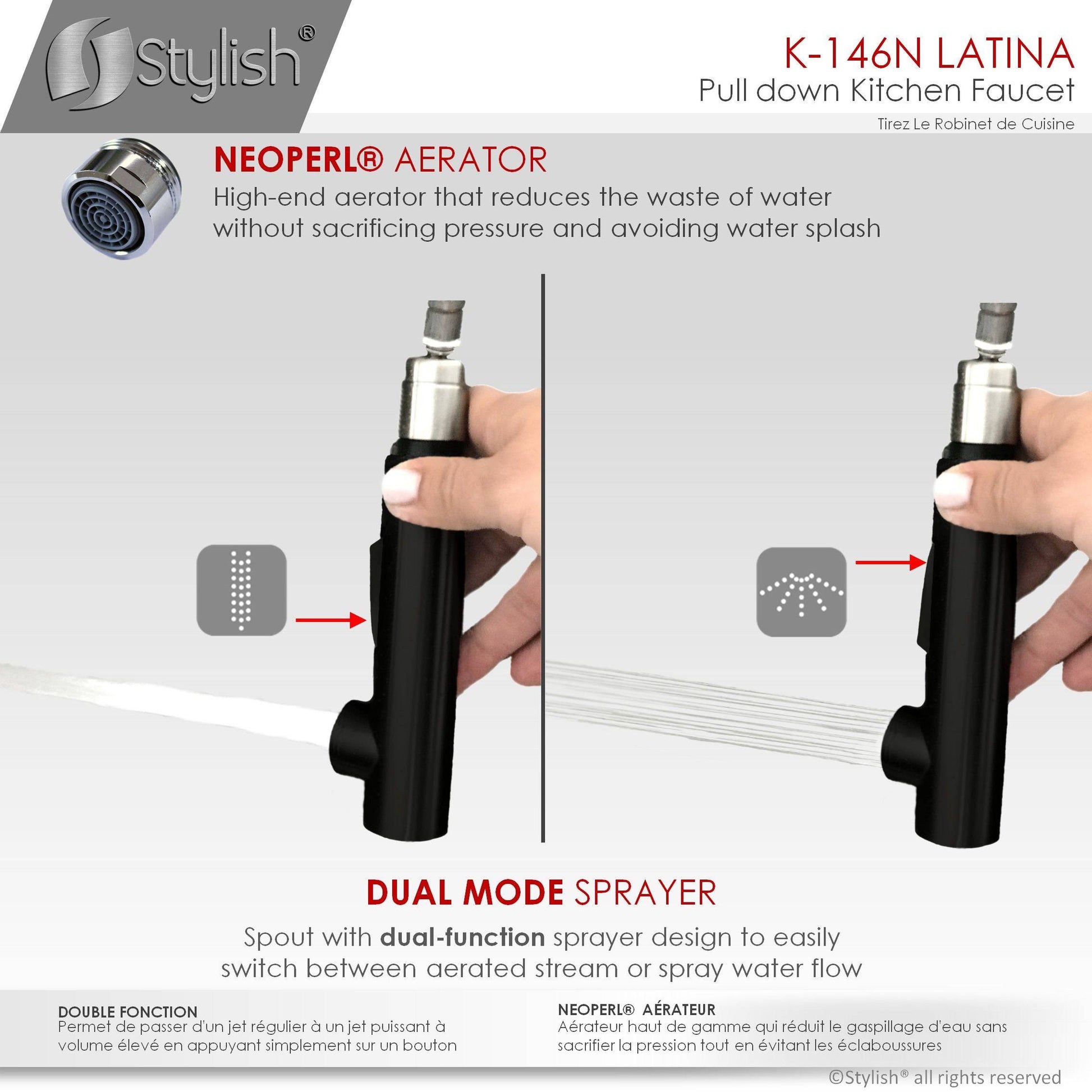 Stylish Latina 13" Kitchen Faucet Single Handle Pull Down Dual Mode Matte Black Finish K-146N - Renoz