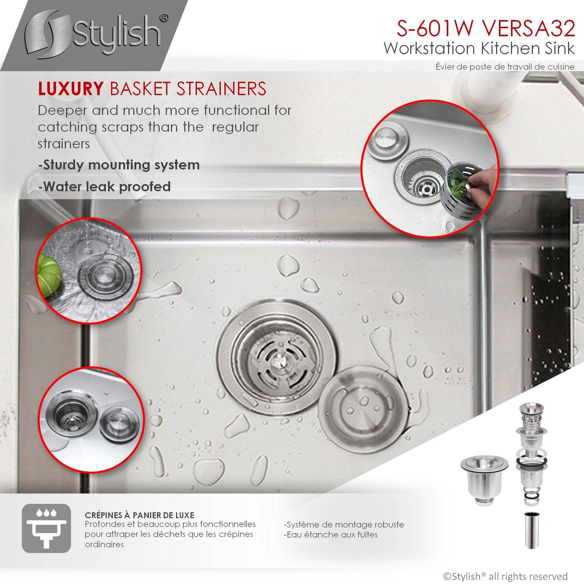 Stylish Versa 32 32" x 19" Workstation Double Bowl Undermount Kitchen Sink with Built in Accessories S-601W - Renoz