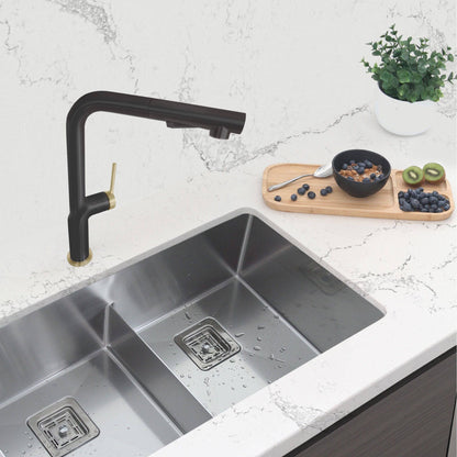 Stylish Latina 13" Kitchen Faucet Single Handle Pull Down Dual Mode Stainless Steel Matte Black with Gold Base and Handle Finish K-146NG