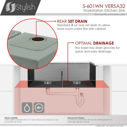 Stylish VERSA 32 32" x 19" Graphite Black Workstation Double Bowl Undermount 16 Gauge Stainless Steel Kitchen Sink with Built in Accessories, S-601WN