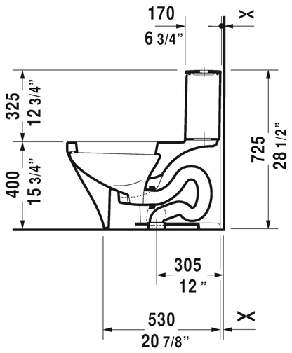 Toilette monobloc Duravit, 2157010005 1,32/0,92 GPF, avec valve à piston à double chasse, chasse d'eau par le haut