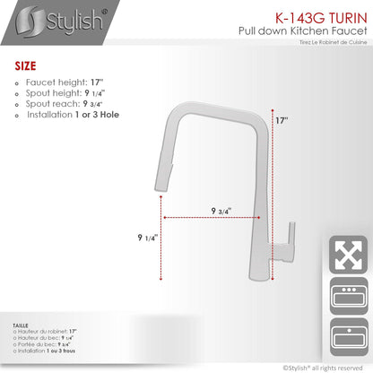 Stylish Turin 17" Kitchen Faucet Single Handle Pull Down Dual Mode Lead Free Matte Black/Gold K-143NG - Renoz