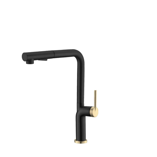 Stylish Latina 13" Kitchen Faucet Single Handle Pull Down Dual Mode Stainless Steel Matte Black with Gold Base and Handle Finish K-146NG - Renoz