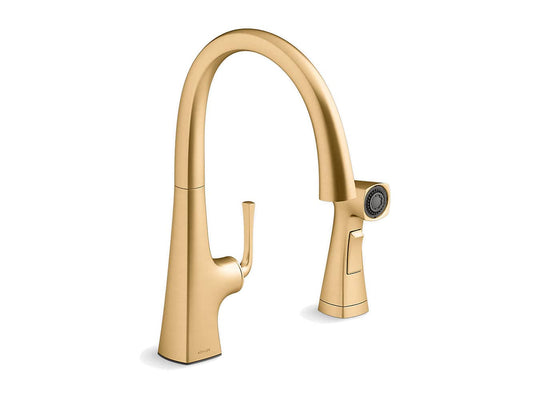 Kohler Graze 14" Kitchen Swing Spout Faucet With Sidespray Vibrant Brushed Brass