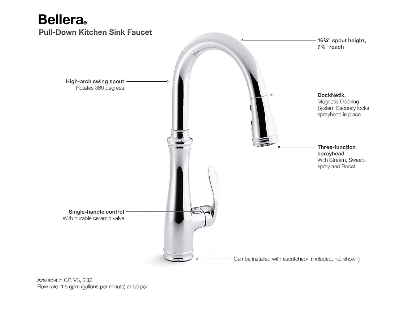 Kohler Bellera®Pull-Down Kitchen Sink Faucet With Three-Function Sprayhead - Oil Rubbed Bronze
