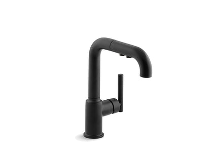 Robinet d'évier de cuisine monotrou Purist de Kohler avec bec extractible de 7 po - Noir mat