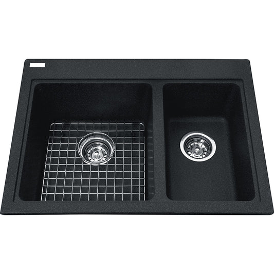Kindred Mythos 27.75" x 20.5" Double Bowl Drop-in Kitchen Sink With Bottom Grid and Waste Fittings Granite Onyx