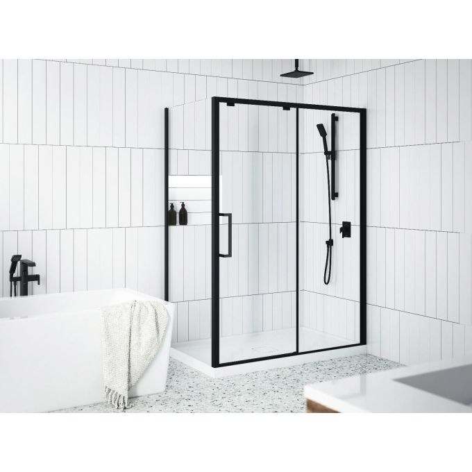 Kalia IKONIK 48" x 79" Sliding Shower Door With 36" Return Panel Clear Glass- Matte Black