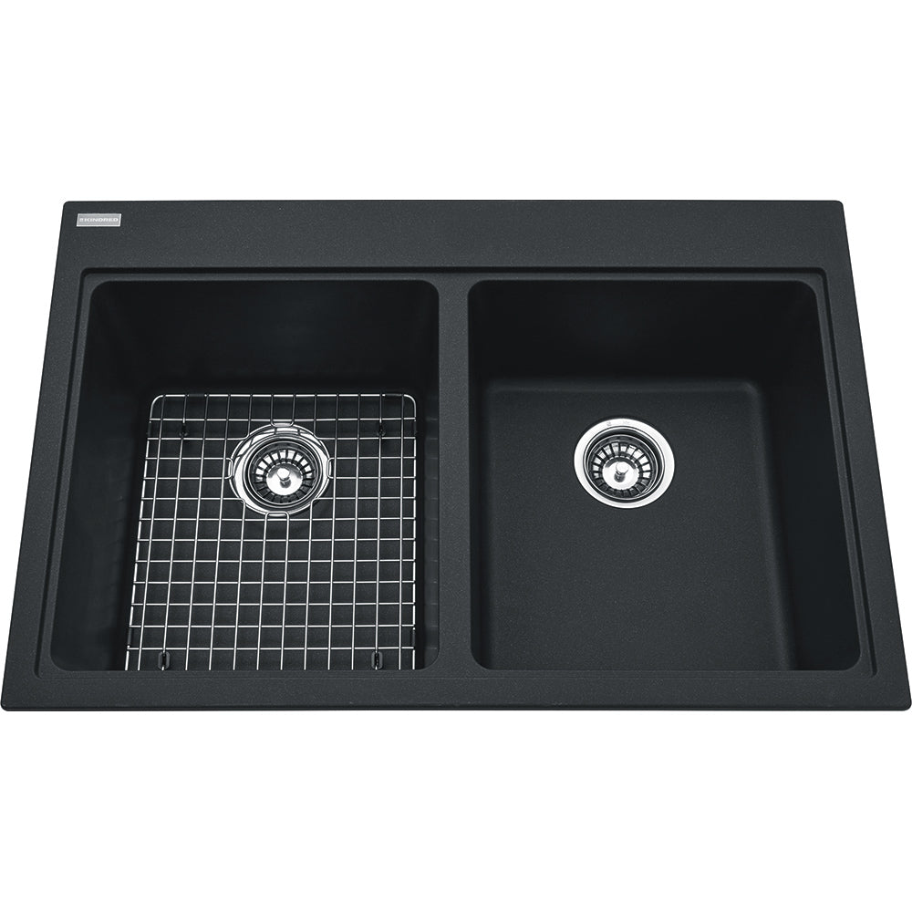 Kindred Mythos 33" x 22" Double Bowl Drop-in Granite Sink With Bottom Grid and Waste Fitting Onyx