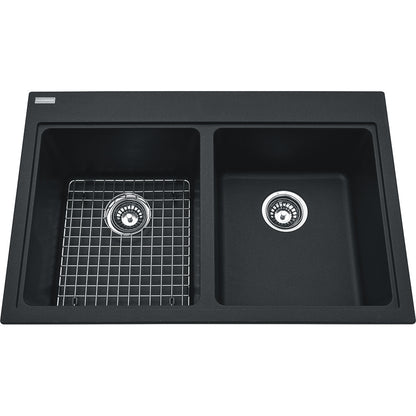 Kindred Mythos 33" x 22" Double Bowl Drop-in Granite Sink With Bottom Grid and Waste Fitting Onyx