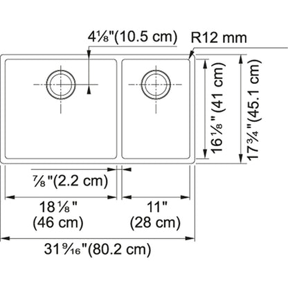 Évier de cuisine en acier inoxydable à double cuve Franke Cube 31,56 po x 17,75 po sous plan de calibre 18