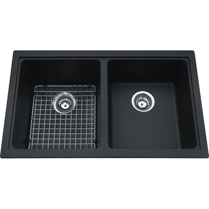 Kindred Mythos 33" x 19.37" Double Bowl Undermount Kitchen Sink With Bottom Grid and Waste Fittings Granite Onyx