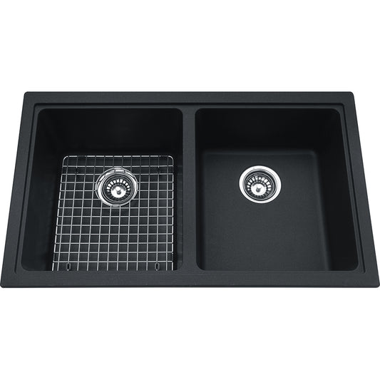 Kindred Mythos 33" x 19.37" Double Bowl Undermount Kitchen Sink With Bottom Grid and Waste Fittings Granite Onyx