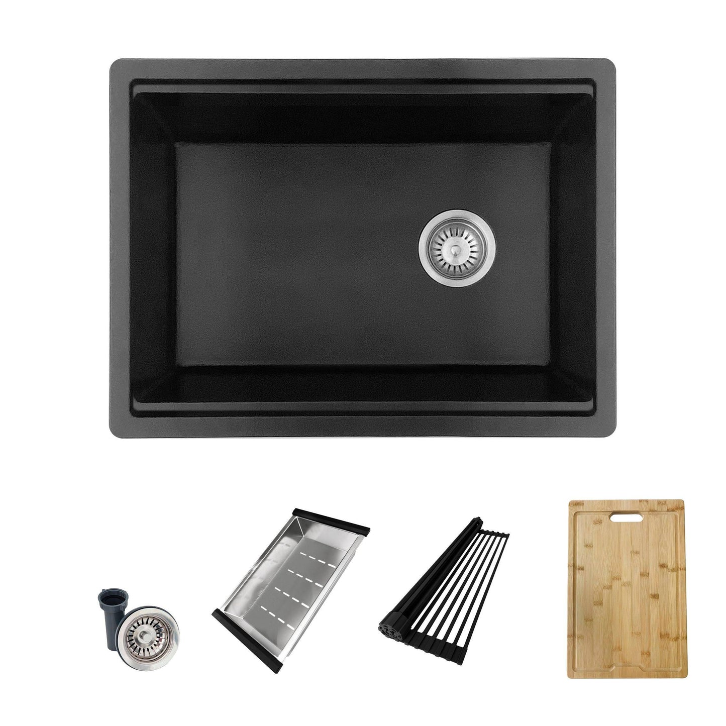Stylish Kinbrook 28" x 18" Dual Mount Workstation Single Bowl Black Composite Granite Kitchen Sink with Built in Accessories