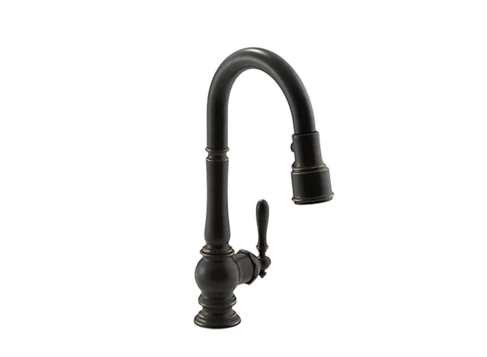 Kohler Artifacts Single Hole Kitchen Sink Faucet With 16" Pull Down Spout And Turned Lever Handle- Oil Rubbed Bronze