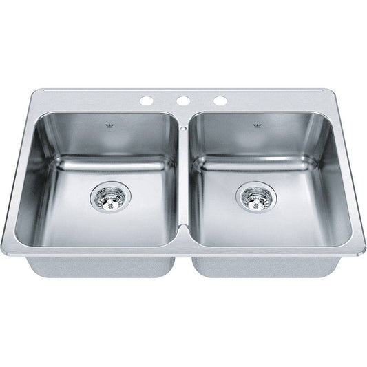 Kindred Steel Queen 33.37" x 22" Stainless Steel 20 Gauge Double Bowl, Equal Drop-In 3-Hole Kitchen Sink
