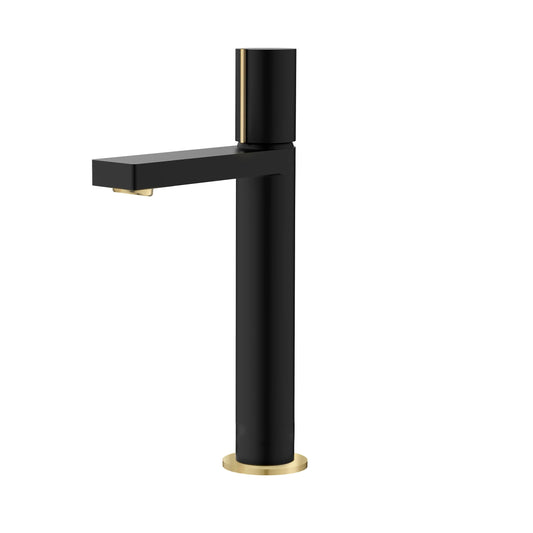 Élégant robinet de vasque de salle de bains Nessa de 12,5 po à poignée unique, noir mat avec finition dorée B-122NG