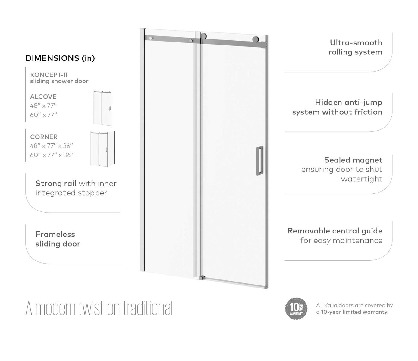 Porte de douche coulissante Kalia SPEC Koncept-II 48" x 77" avec verre transparent - Chrome