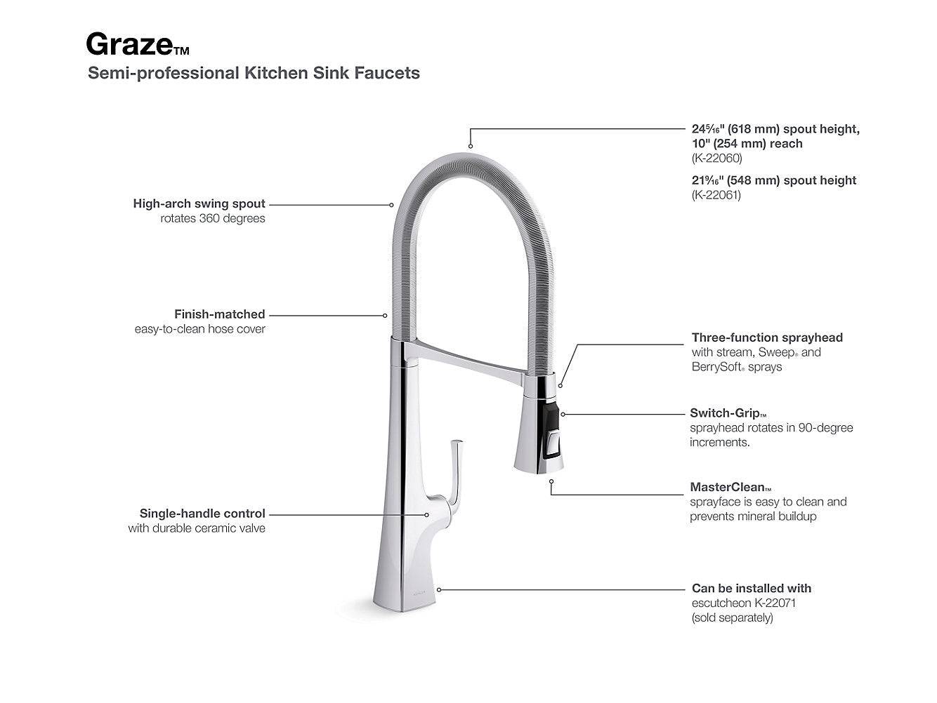 Kohler Graze 21" Single Handle Semi Professional Kitchen Faucet With 21-9/16" Spout Vibrant Brushed Brass - Renoz