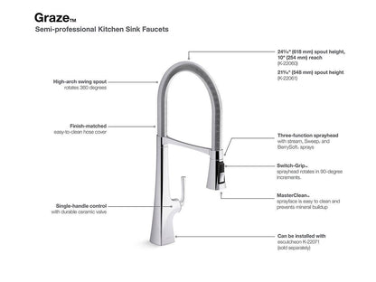 Kohler Graze 21" Single Handle Semi Professional Kitchen Faucet With 21-9/16" Spout Vibrant Brushed Brass - Renoz