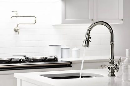 Kohler Artifacts Single Hole Kitchen Sink Faucet With 16" Pull Down Spout And Turned Lever Handle- Polished Chrome