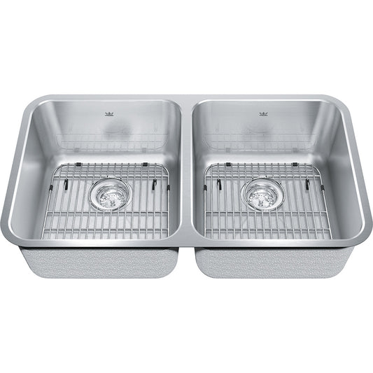 Kindred 32.87" x 18.75" Double Bowl Undermount 18 Gauge Sink With Bottom Grid and Waste Fittings Stainless Steel