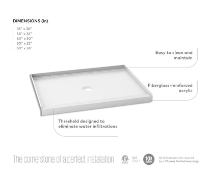 Kalia SPEC Koncept Square Acrylic Shower Base 36" x 36" With Central Drain