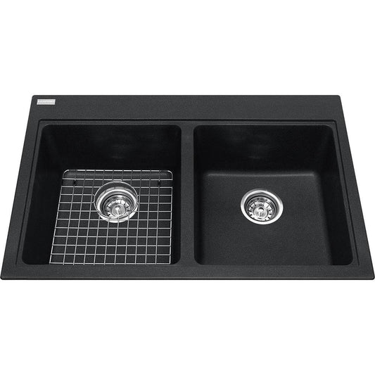 Kindred Mythos 31.56" x 20.5" Double Bowl Drop-in Granite Sink With Bottom Grid and Waste Fittings Onyx