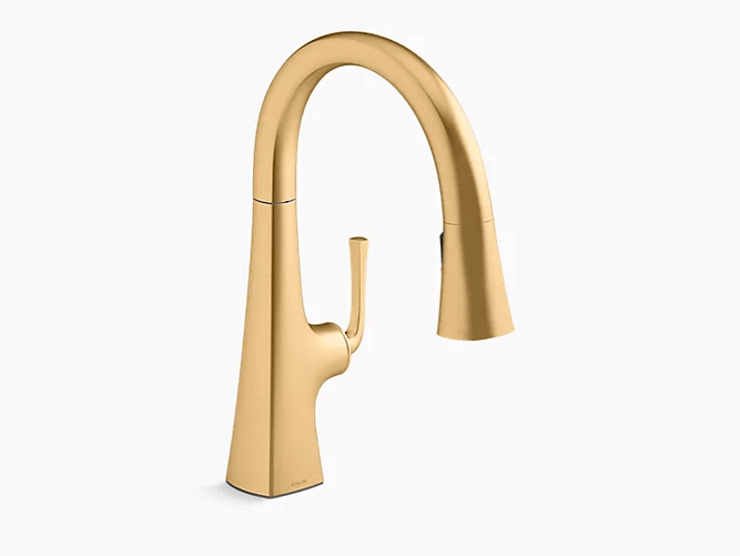 Kohler Graze 16" Pull Down Kitchen Sink Faucet With Three Function Sprayhead Vibrant Brushed Brass - Renoz