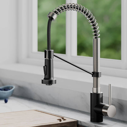 Kraus Bolden 18" Commercial Style Pull-Down Kitchen Faucet in Spot Free Stainless Steel/Matte Black