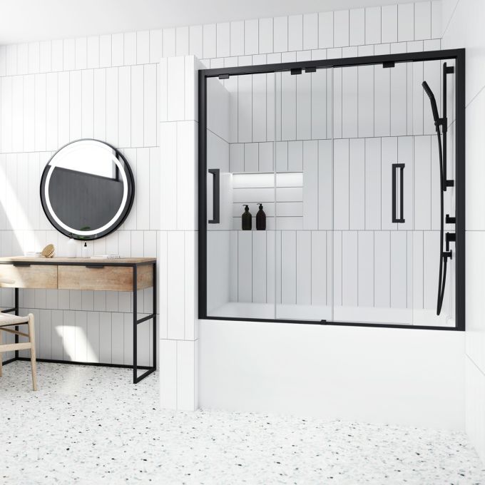 Kalia IKONIK Bypass 2-Panel Bypass Sliding Bathtub Door 60" x 60" Reversible Matte Black Clear Duraclean Glass