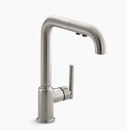 Robinet d'évier de cuisine monotrou Purist de Kohler avec bec extractible de 8 po - Acier inoxydable vibrant