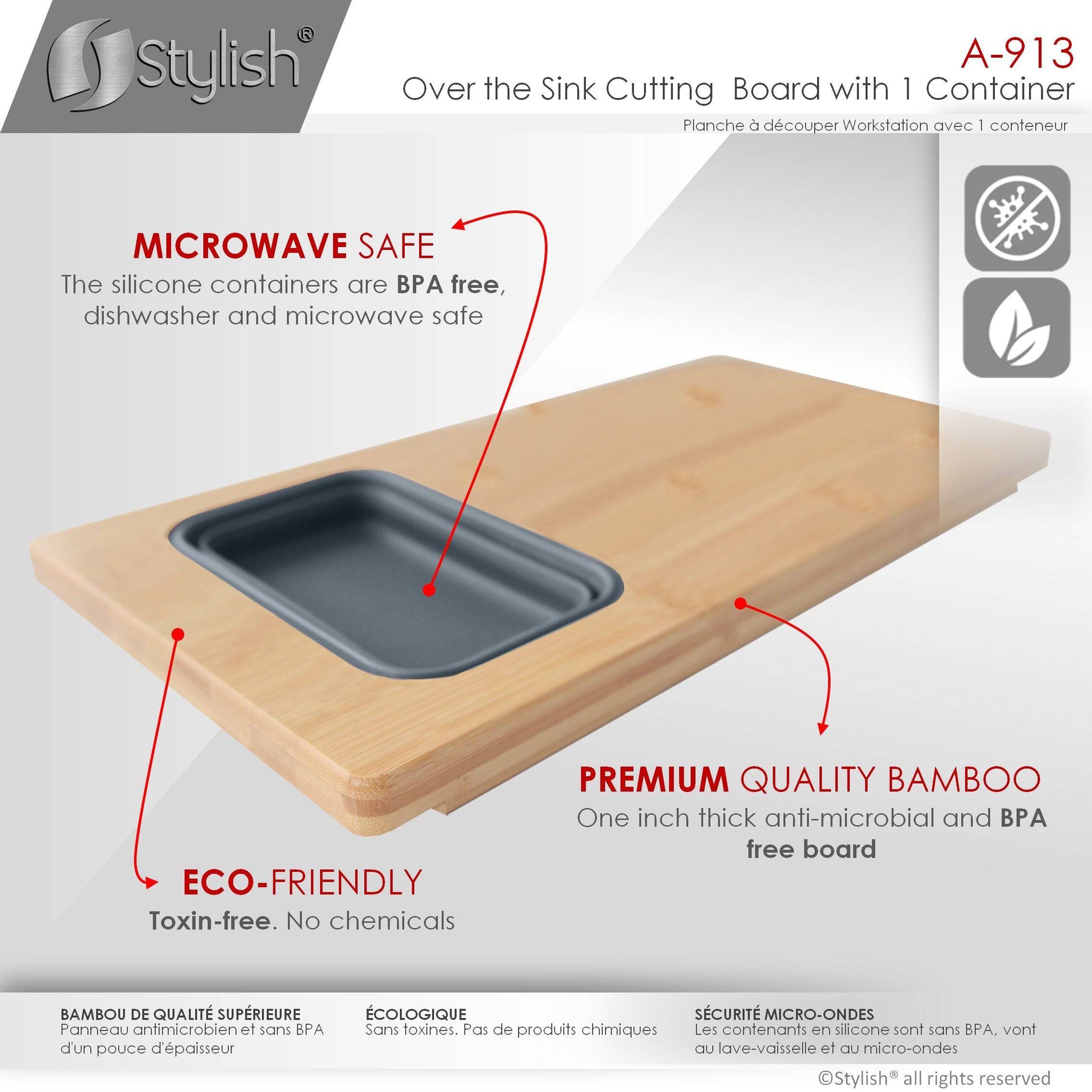 Stylish 18" Over The Sink Serving Board With 1 Container A-913 - Renoz