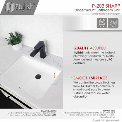 Stylish Sharp 21.25" x 14.5" Rectangular Undermount Bathroom Sink with Overflow Polished Chrome P-203 - Renoz